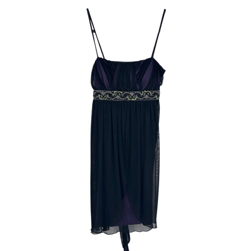 Vintage 90s  Babydoll Tunic Top Size S Mesh Beaded Black Purple Fairy Whimsigoth